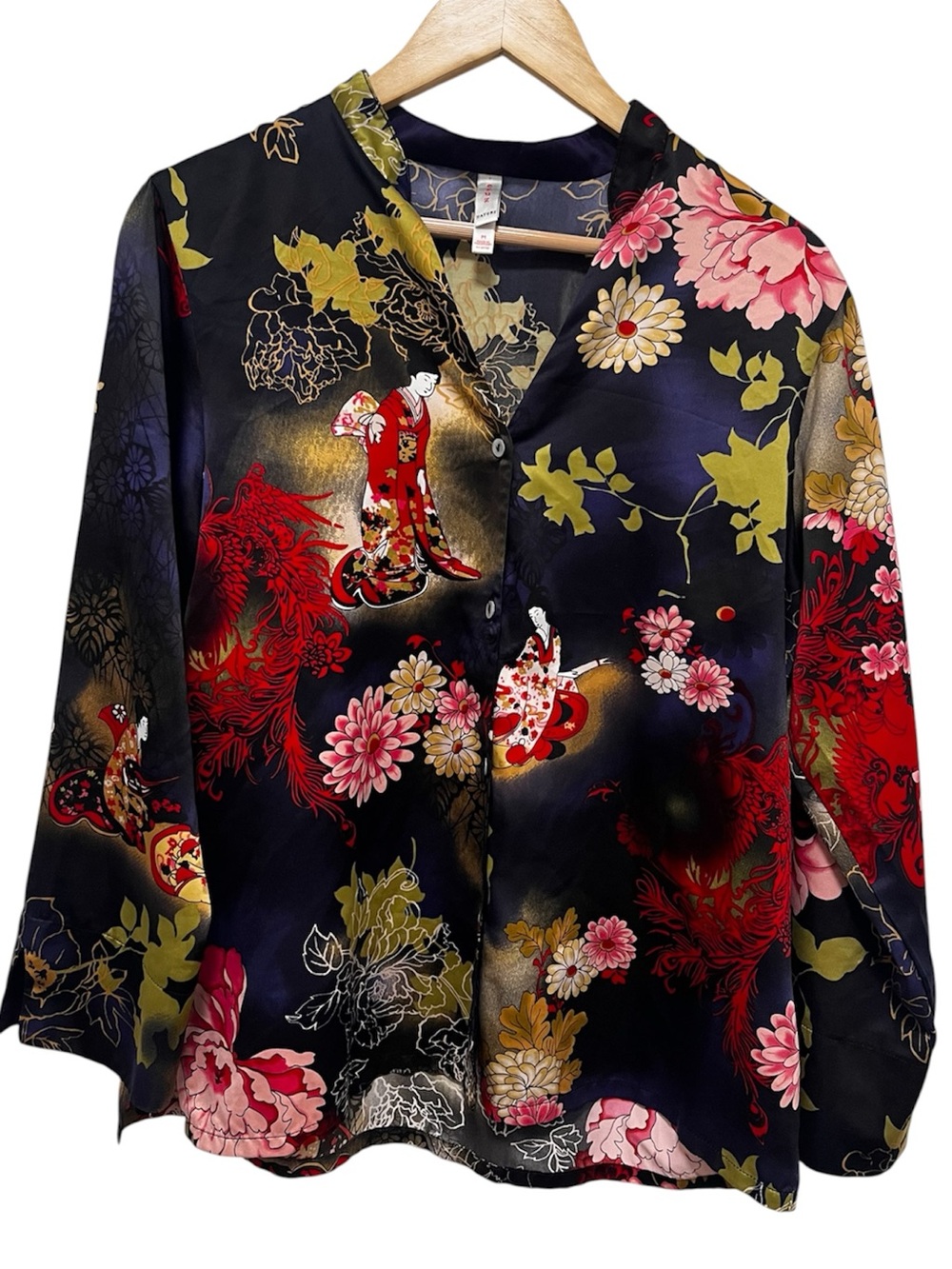 NATORI Asian Floral and Geisha Print Long Sleeve Button Up Shirt Size M